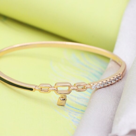 Elegant Rose Gold Bangle with Diamond Accents and Chain Link Charm, XPBL0459 - Picture 2 of 11